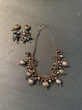 Vintage Iridescent Bronze Bead Necklace and Earring Set